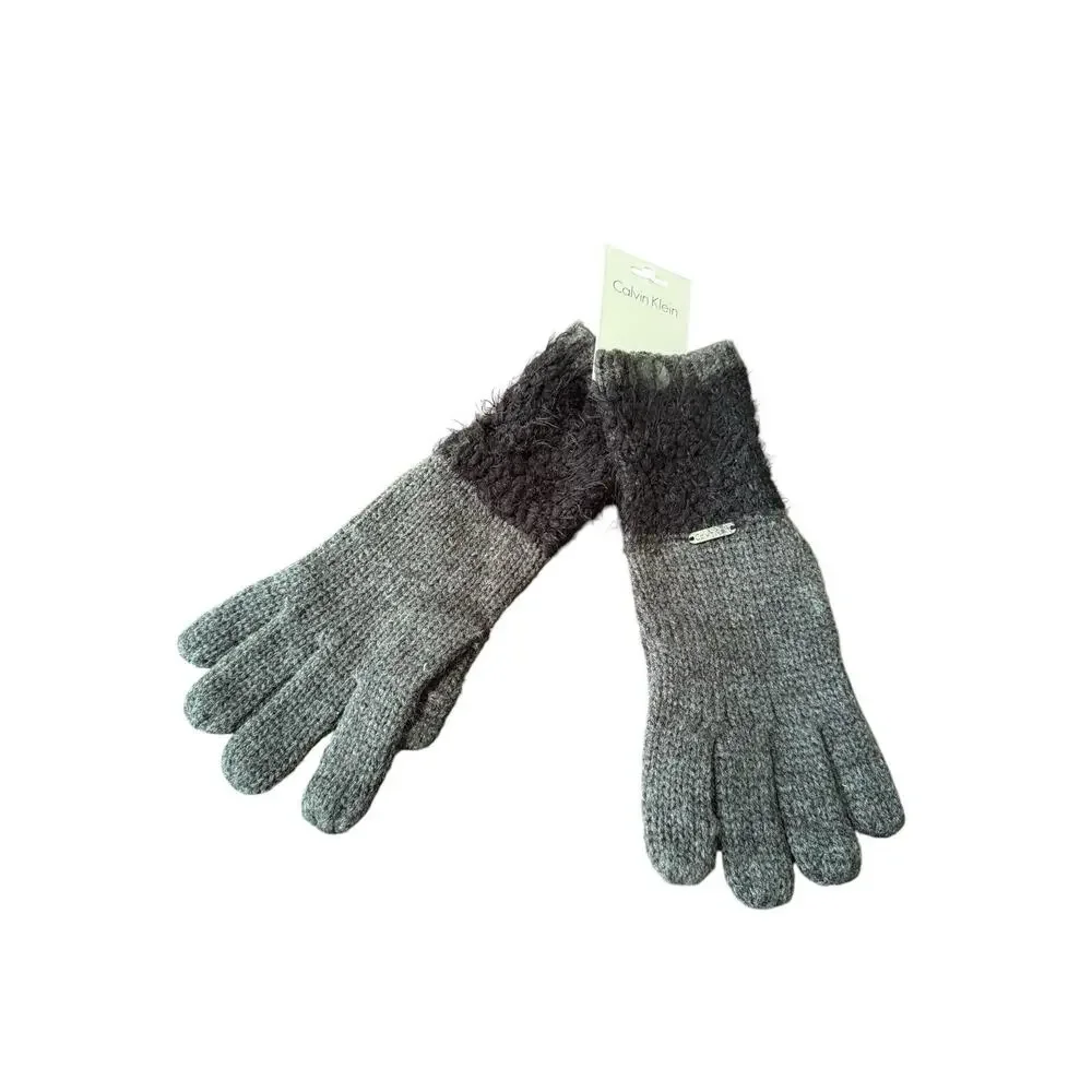 Calvin Klein Knit Gloves Womens Gray Black Textured Cuff Winter Snow Weather NWT